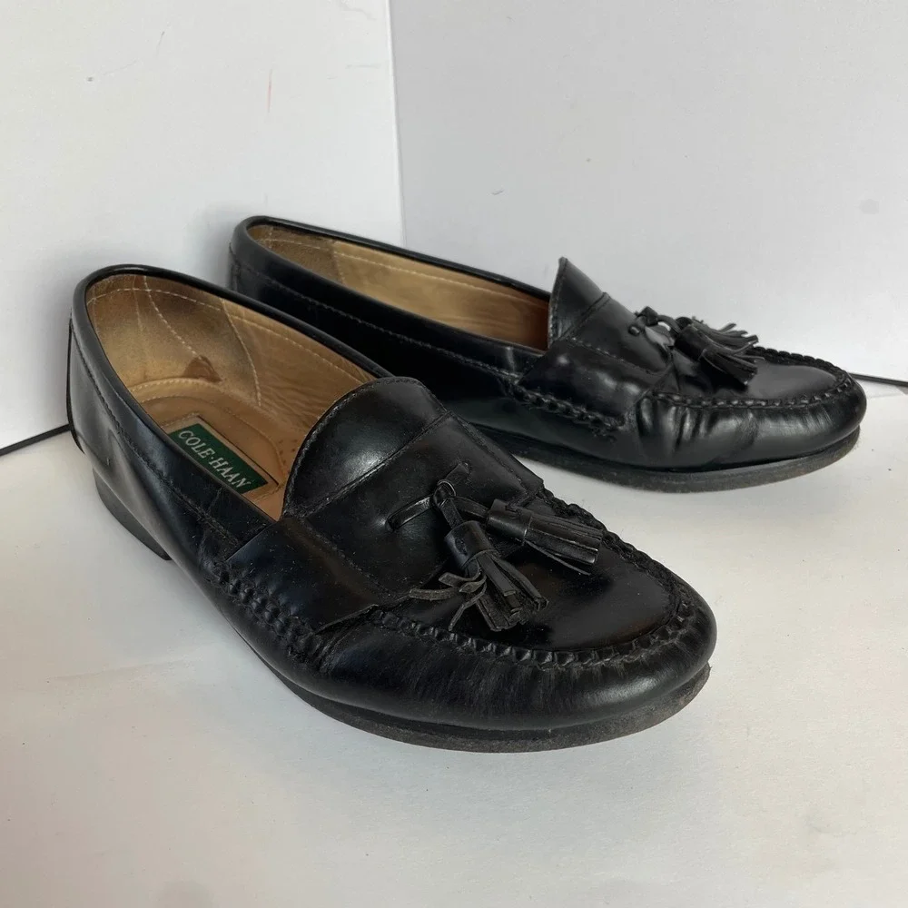 Cole Haan Mens Black Leather Tassel Loafers 9 3506 Classic Slip On Dress Shoes